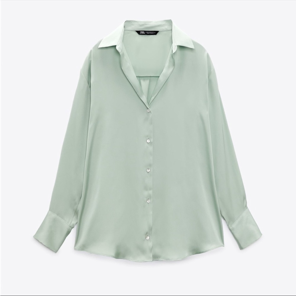Zara Satin Green Button Down Top